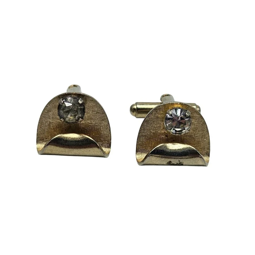 Vintage Gold Textured Clear Rhinestone Cufflinks Mid Century Modern Design